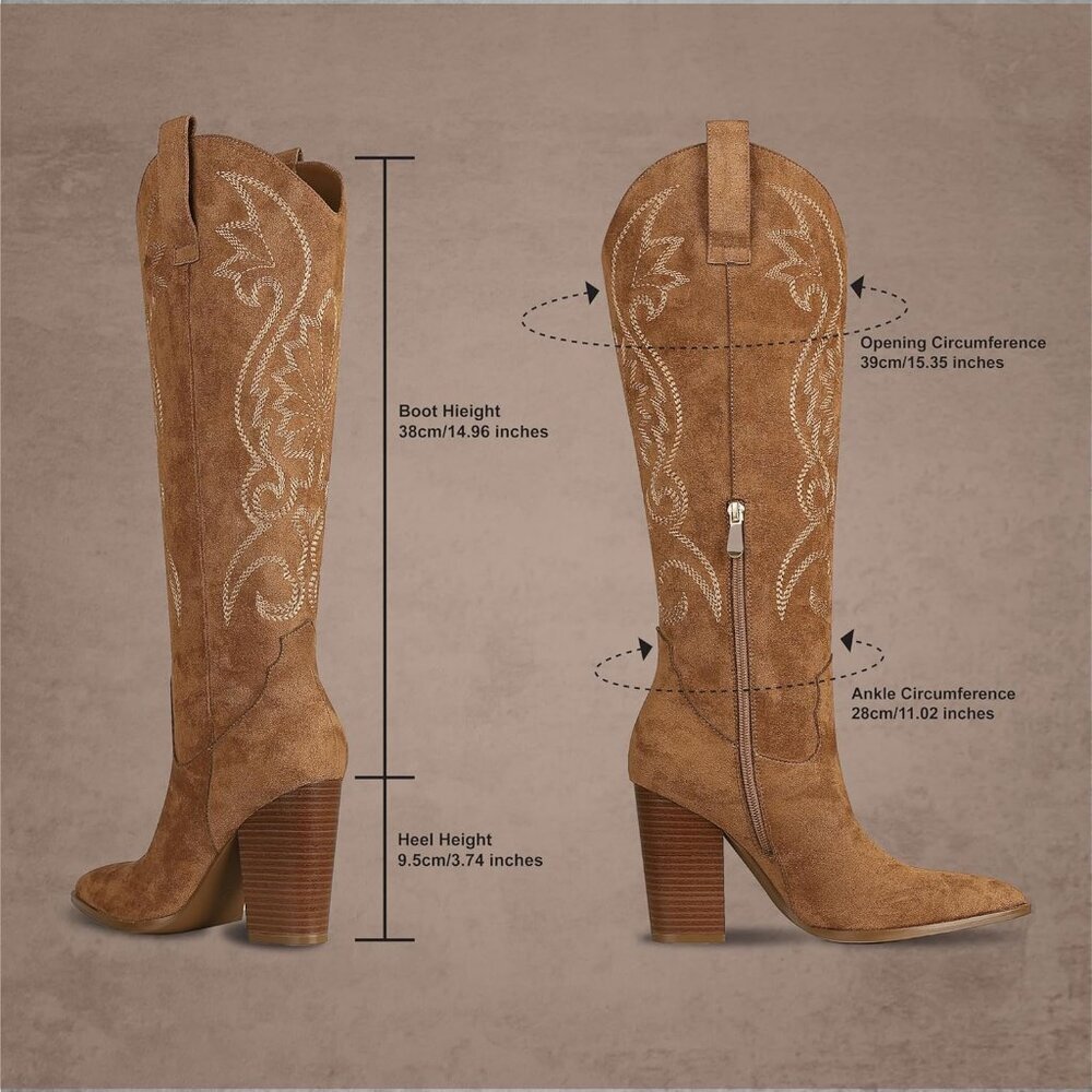 Women's Brown Suede Pointed Toe Chunky High Heels Pull on Embroidered Boots - Picture 6 of 7